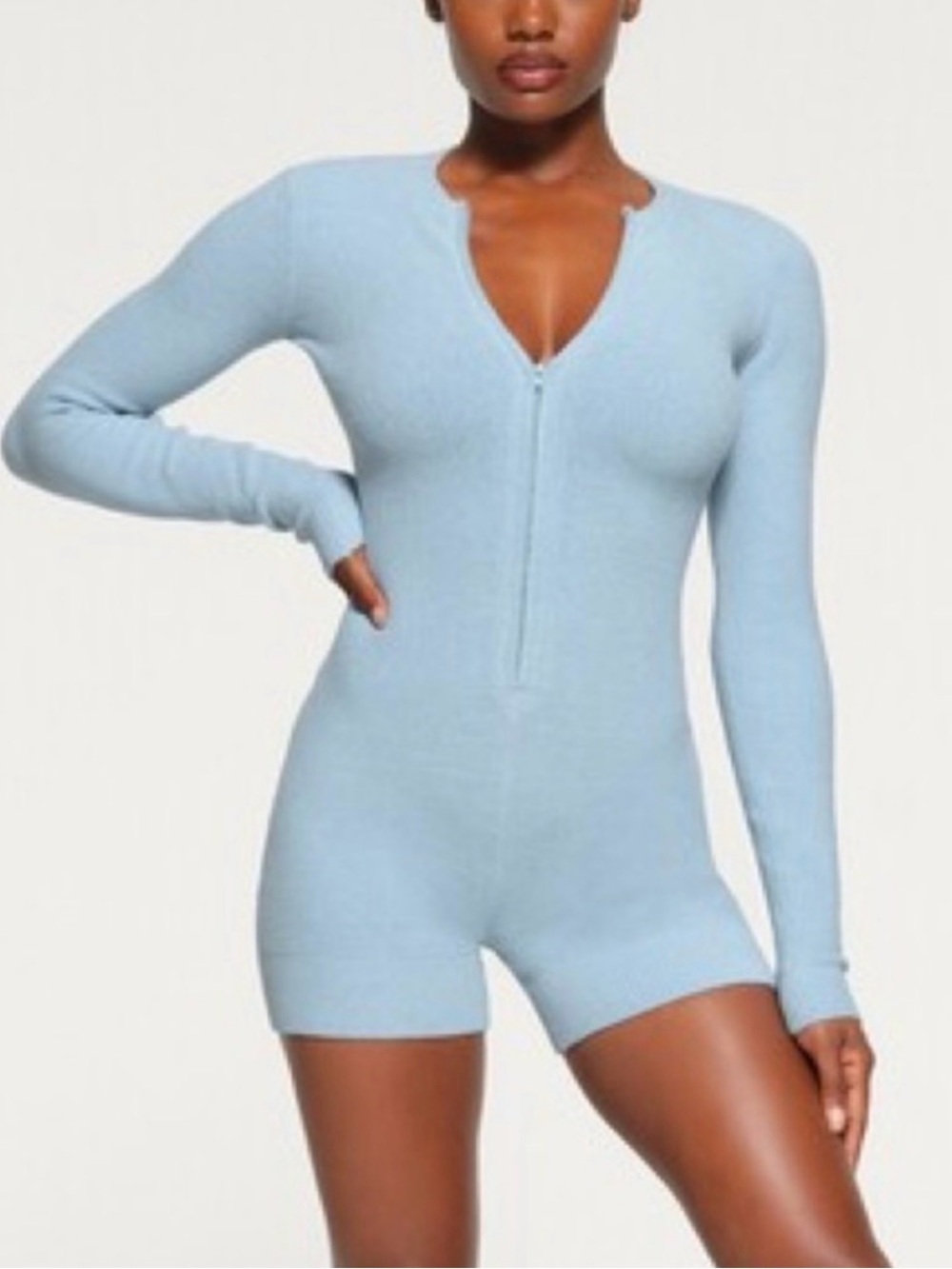 SKIMS Cozy Light Long Sleeve Zip Front Onesie Romper Blue NWT Sz M